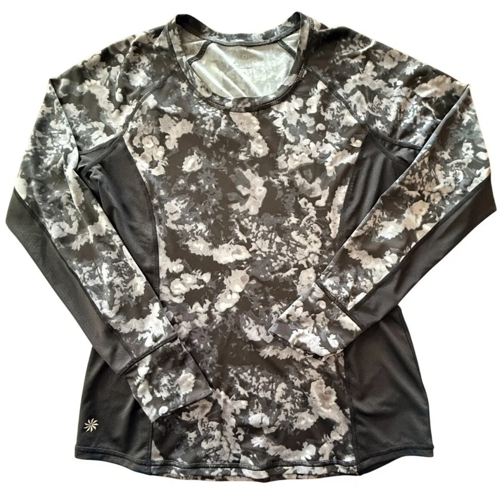 Athleta Womens Large Gray Black Camo Long Sleeve Athletic Running Workout Top